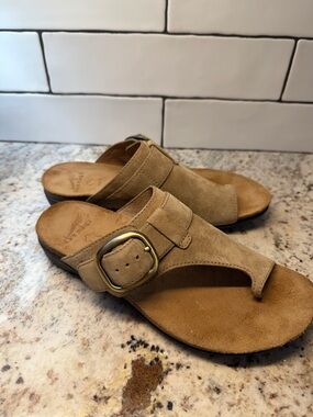 Dansko Tan Suede Thong Sandals with Brass Buckle